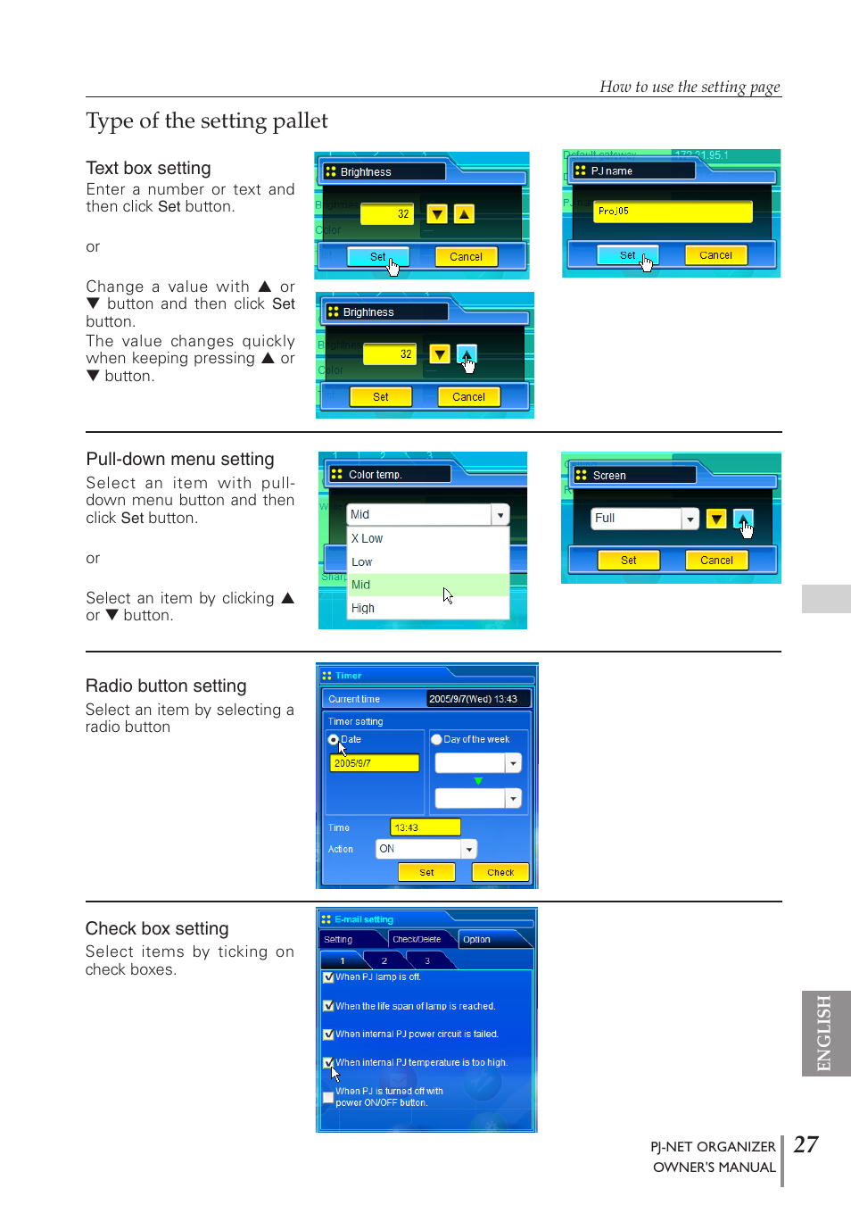 Type of the setting pallet | Sanyo PJ-Net Organizer Plus POA-PN40 User Manual | Page 27 / 86