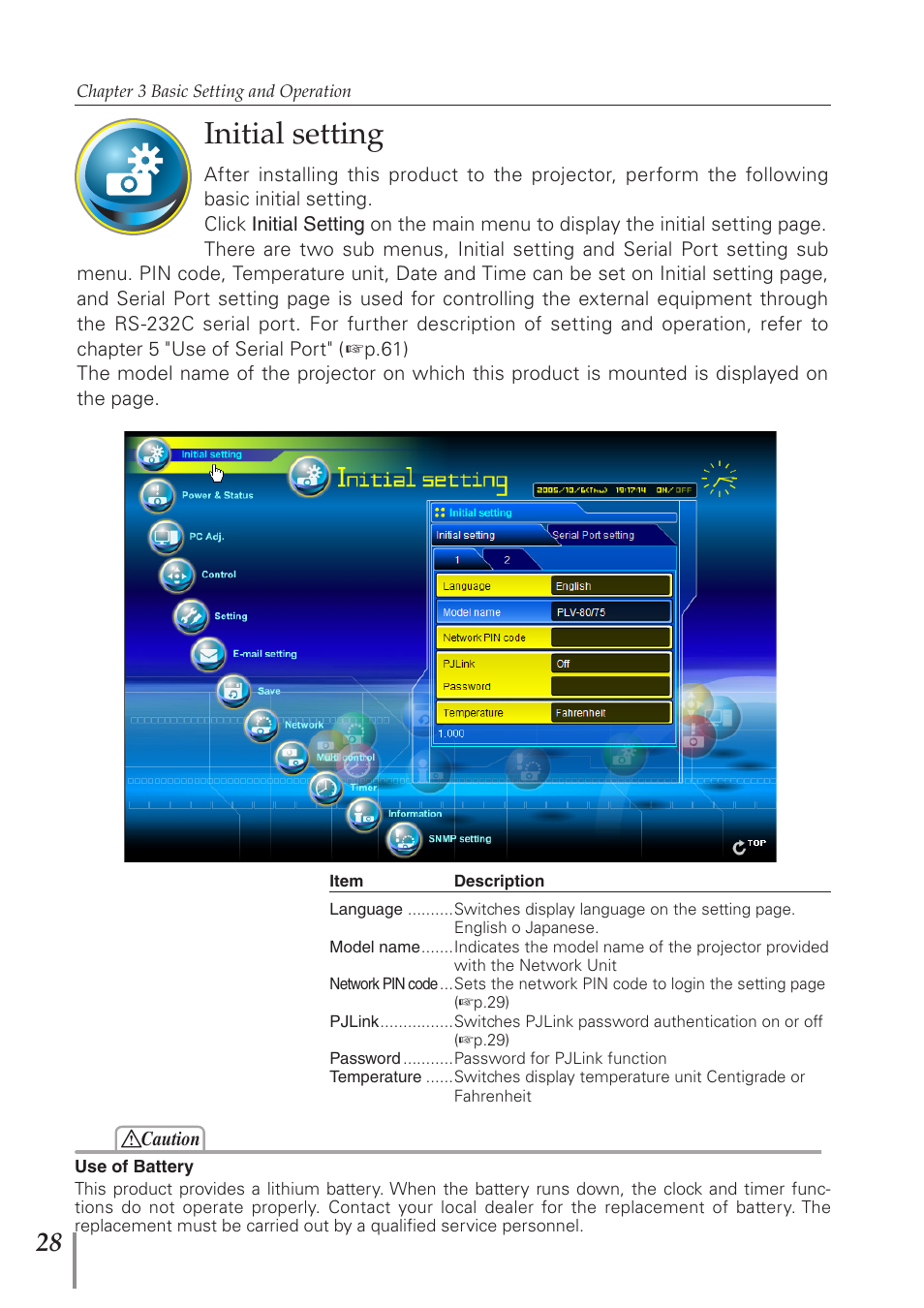Initial setting | Sanyo PJ-Net Organizer Plus POA-PN40 User Manual | Page 28 / 86