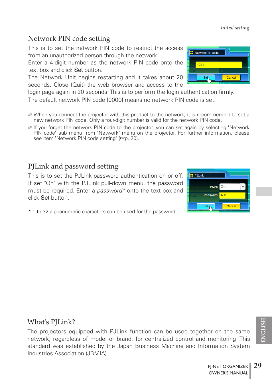 Network pin code setting, Pjlink and password setting, What's pjlink | Sanyo PJ-Net Organizer Plus POA-PN40 User Manual | Page 29 / 86