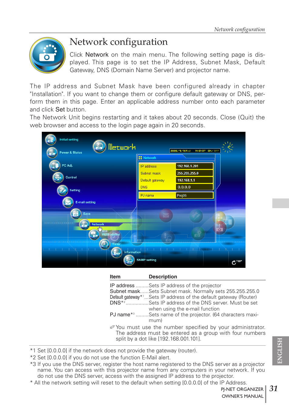 Network configuration | Sanyo PJ-Net Organizer Plus POA-PN40 User Manual | Page 31 / 86