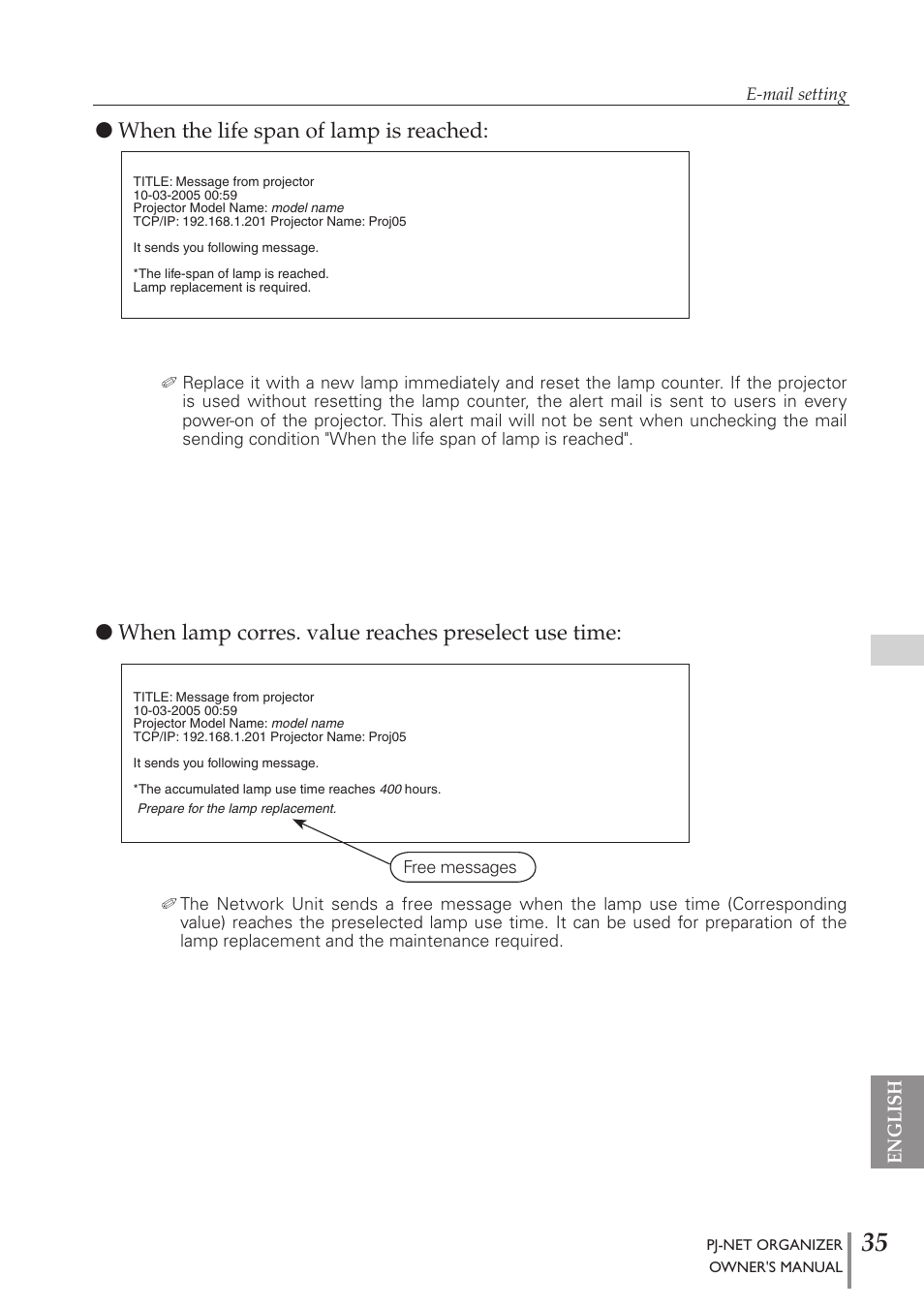 When the life span of lamp is reached, When lamp corres. value reaches preselect use time | Sanyo PJ-Net Organizer Plus POA-PN40 User Manual | Page 35 / 86