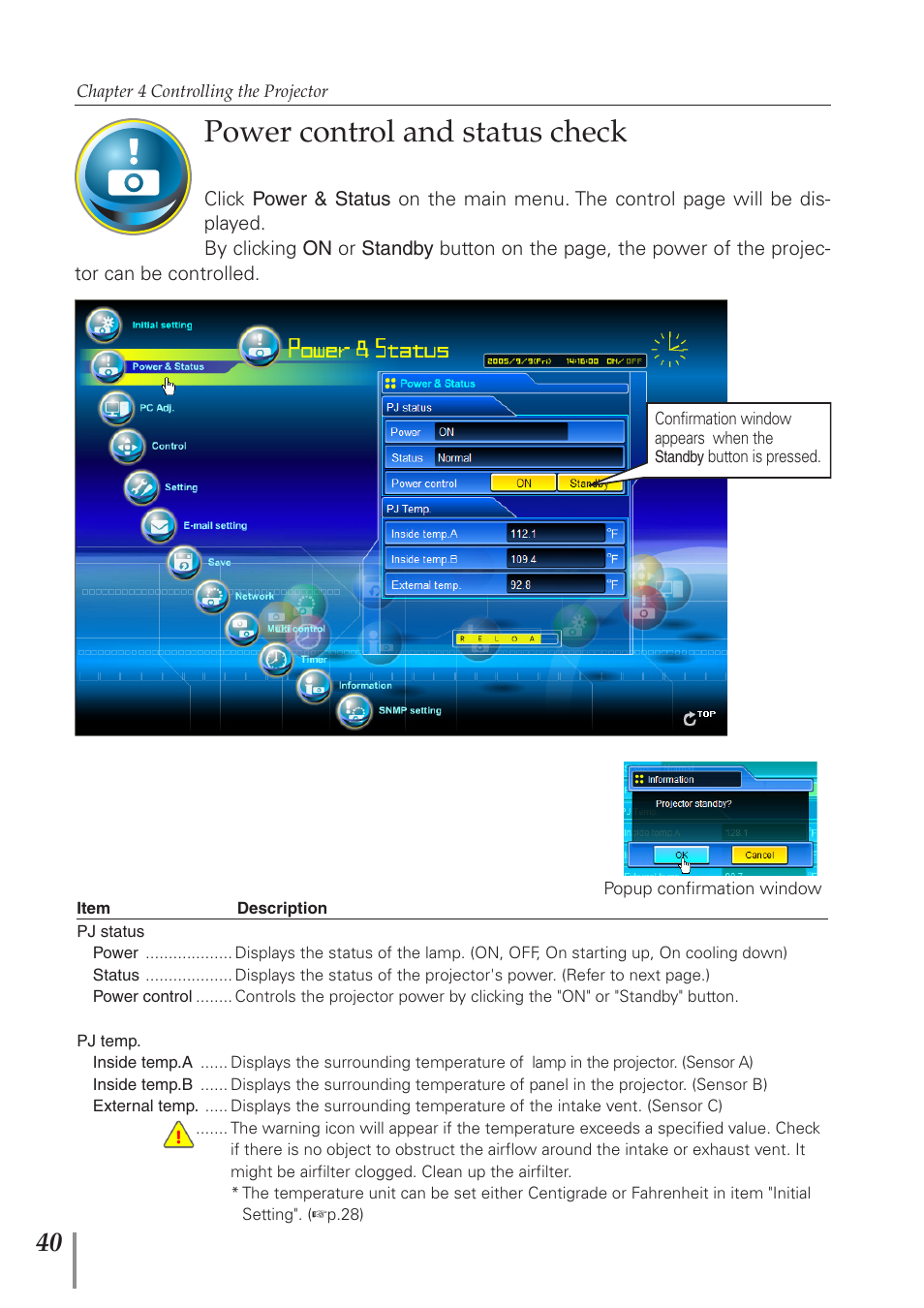 Power control and status check | Sanyo PJ-Net Organizer Plus POA-PN40 User Manual | Page 40 / 86