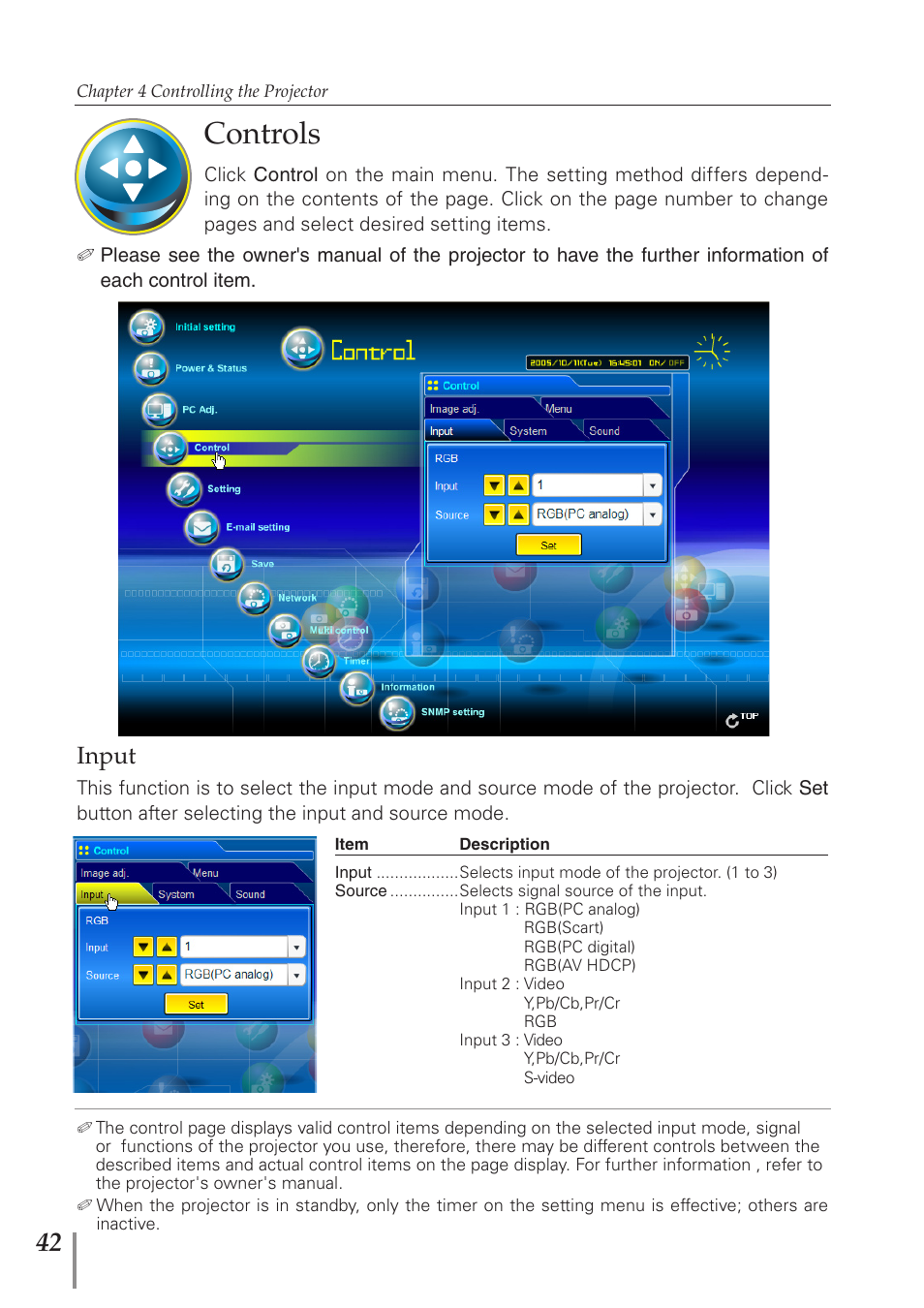 Controls, Input | Sanyo PJ-Net Organizer Plus POA-PN40 User Manual | Page 42 / 86