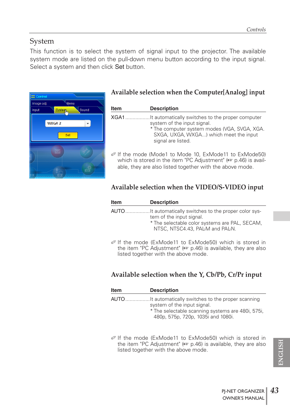 System, Available selection when the video/s-video input, Available selection when the y, cb/pb, cr/pr input | Sanyo PJ-Net Organizer Plus POA-PN40 User Manual | Page 43 / 86