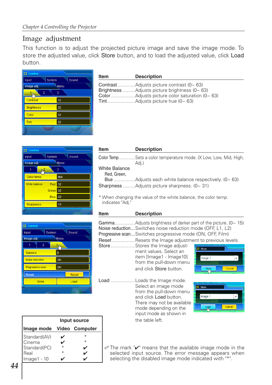 Image adjustment | Sanyo PJ-Net Organizer Plus POA-PN40 User Manual | Page 44 / 86