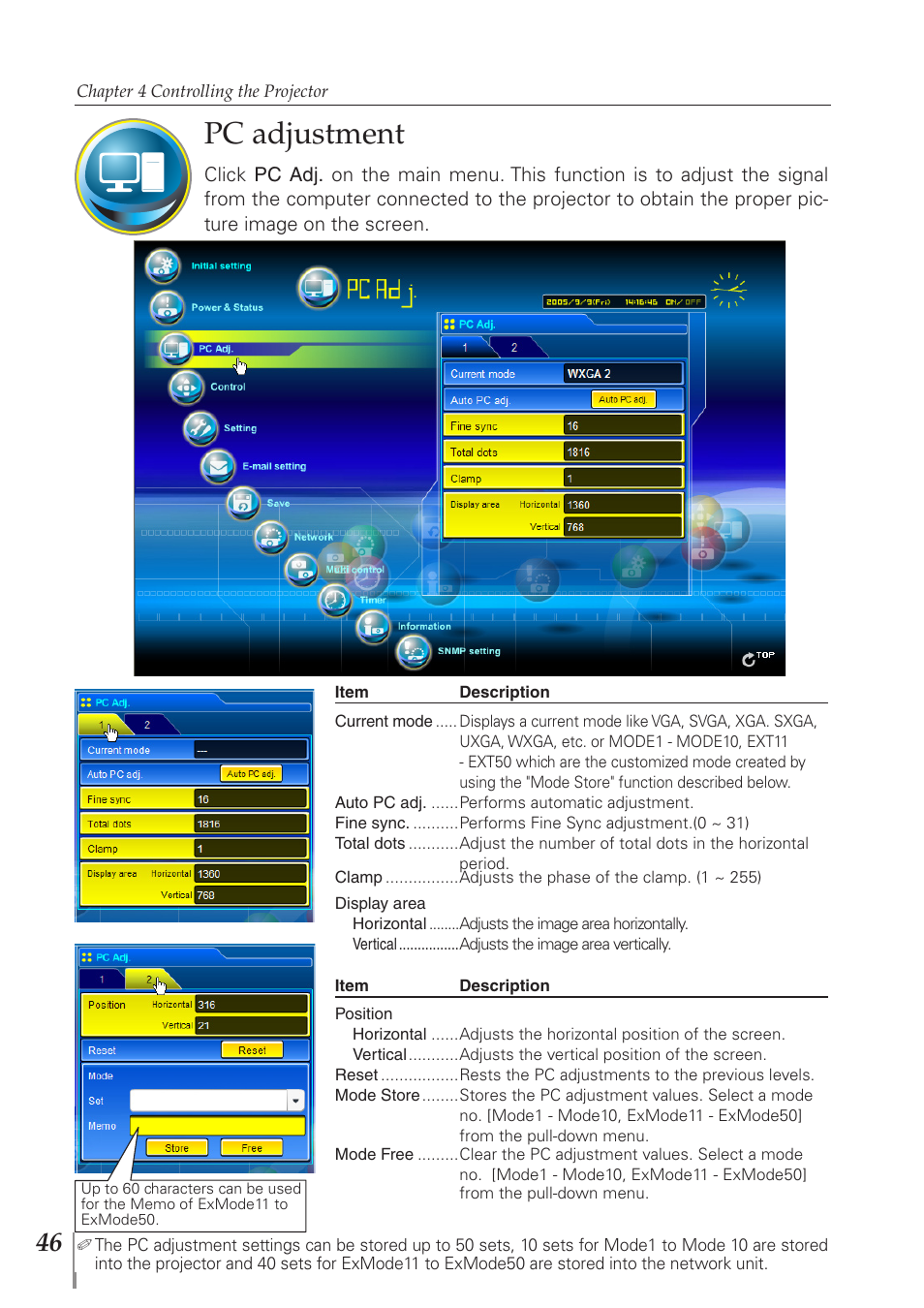 Pc adjustment | Sanyo PJ-Net Organizer Plus POA-PN40 User Manual | Page 46 / 86