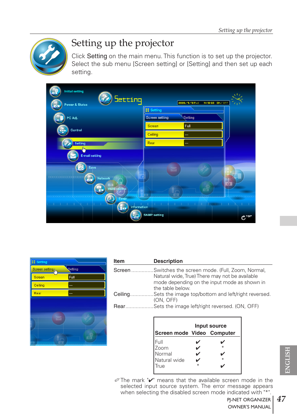 Setting up the projector | Sanyo PJ-Net Organizer Plus POA-PN40 User Manual | Page 47 / 86