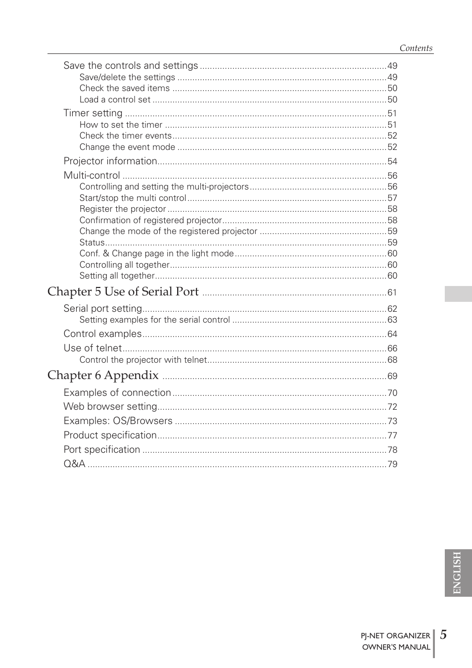 Chapter 5 use of serial port, Chapter 6 appendix | Sanyo PJ-Net Organizer Plus POA-PN40 User Manual | Page 5 / 86