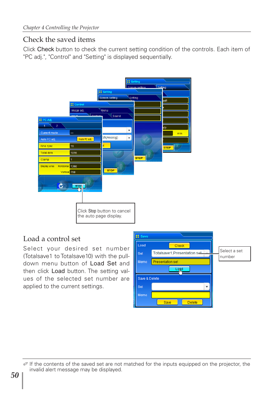 Check the saved items, Load a control set, Check the saved items load a control set | Sanyo PJ-Net Organizer Plus POA-PN40 User Manual | Page 50 / 86