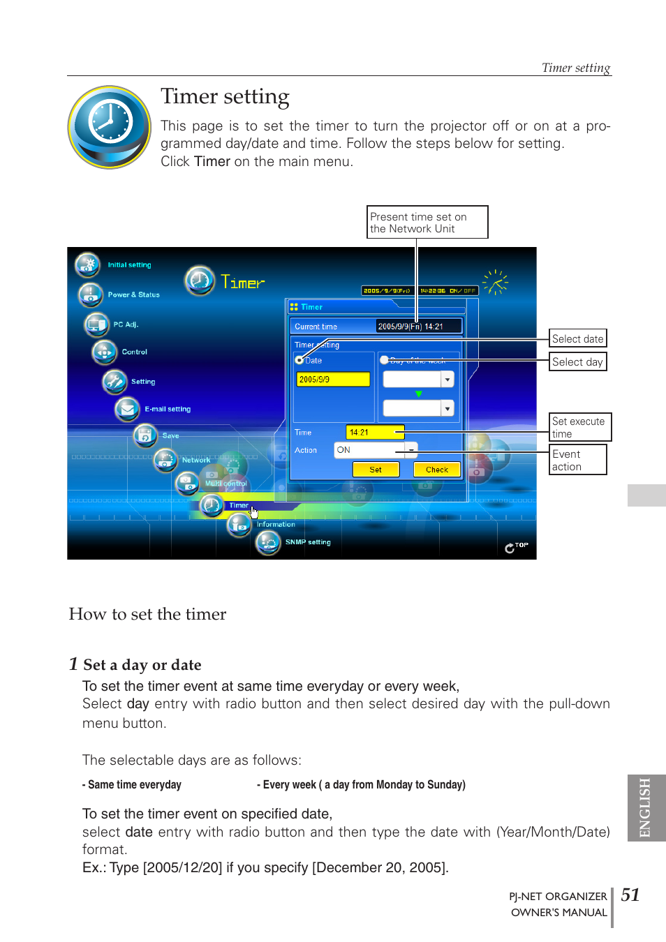 Timer setting, How to set the timer | Sanyo PJ-Net Organizer Plus POA-PN40 User Manual | Page 51 / 86