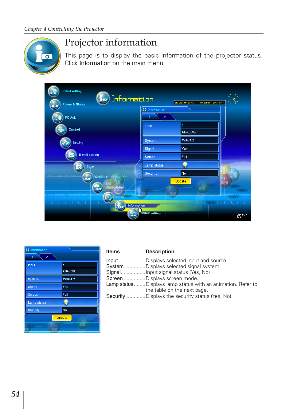 Projector information | Sanyo PJ-Net Organizer Plus POA-PN40 User Manual | Page 54 / 86