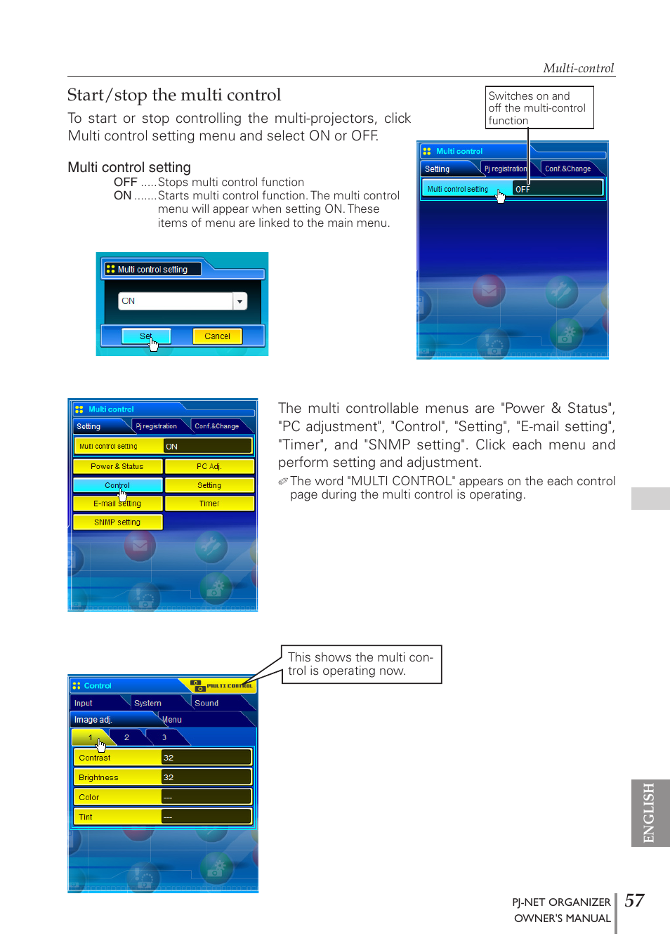 Start/stop the multi control | Sanyo PJ-Net Organizer Plus POA-PN40 User Manual | Page 57 / 86