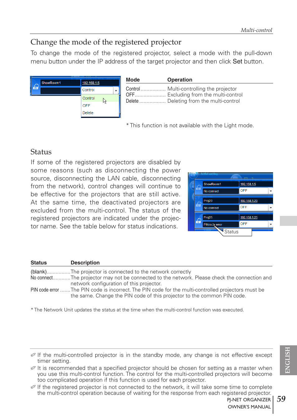 Change the mode of the registered projector, Status, Change the mode of the registered projector status | Sanyo PJ-Net Organizer Plus POA-PN40 User Manual | Page 59 / 86