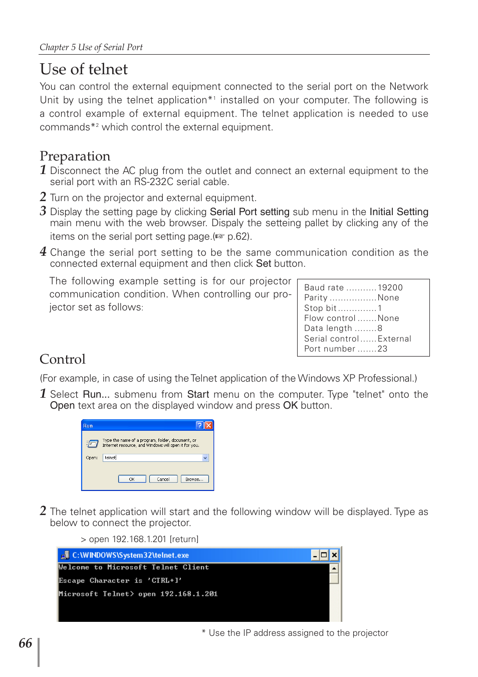 Use of telnet, Preparation 1, Control | Sanyo PJ-Net Organizer Plus POA-PN40 User Manual | Page 66 / 86