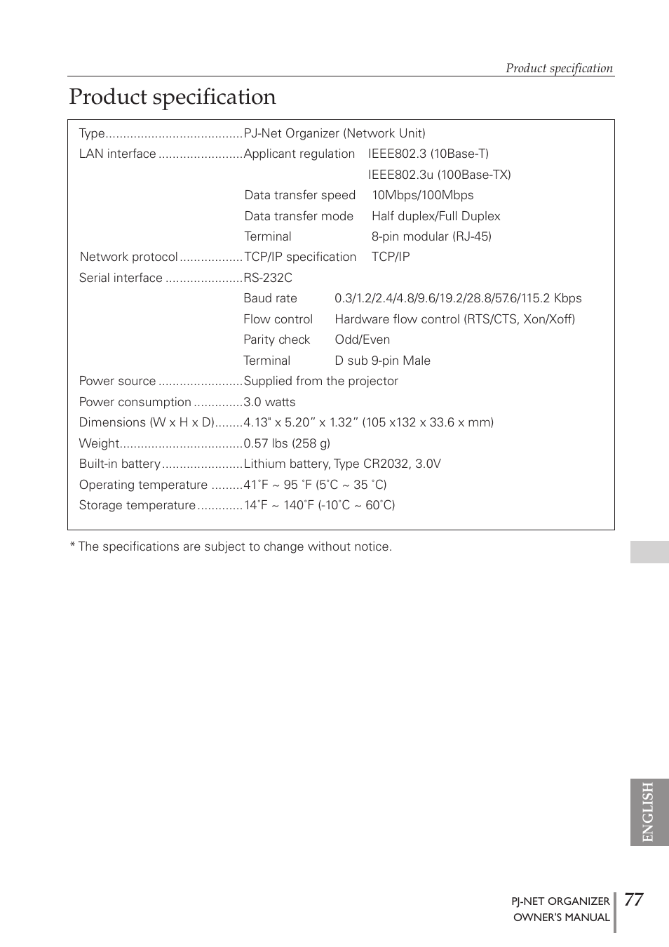 Product specification | Sanyo PJ-Net Organizer Plus POA-PN40 User Manual | Page 77 / 86