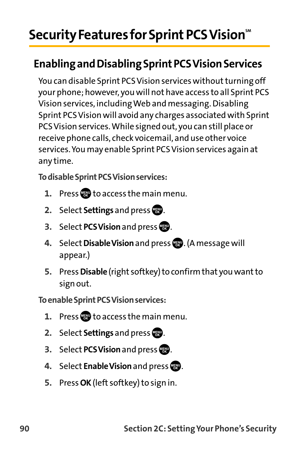 Security features for sprint, Security features for sprint pcs vision, Enabling and disabling sprint pcs vision services | Sanyo VL-2300 User Manual | Page 102 / 286
