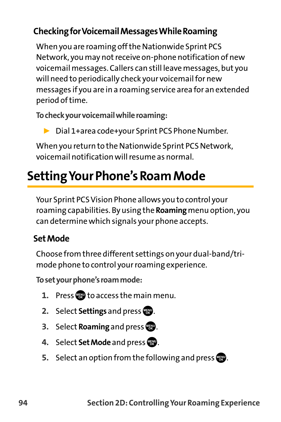 Setting your phone’s roam mode, Settingyour phone’s roam mode | Sanyo VL-2300 User Manual | Page 106 / 286