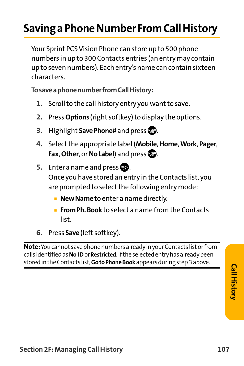 Saving a phone number from c, Saving a phone number from call history | Sanyo VL-2300 User Manual | Page 119 / 286