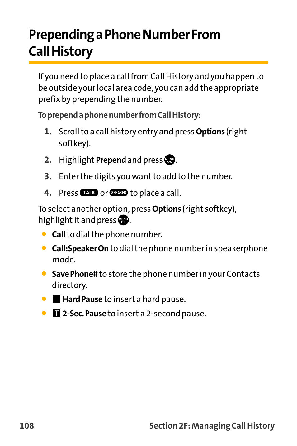 Prepending a phone number fr, Prepending a phone number from call history, Prependinga phone number from call history | Sanyo VL-2300 User Manual | Page 120 / 286