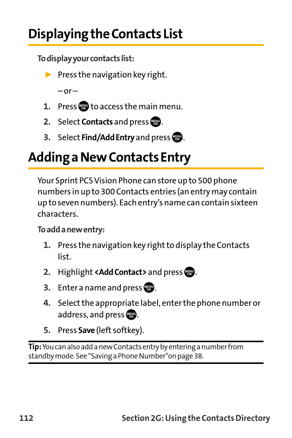 Displaying the contacts list, Adding a new contacts entry | Sanyo VL-2300 User Manual | Page 124 / 286
