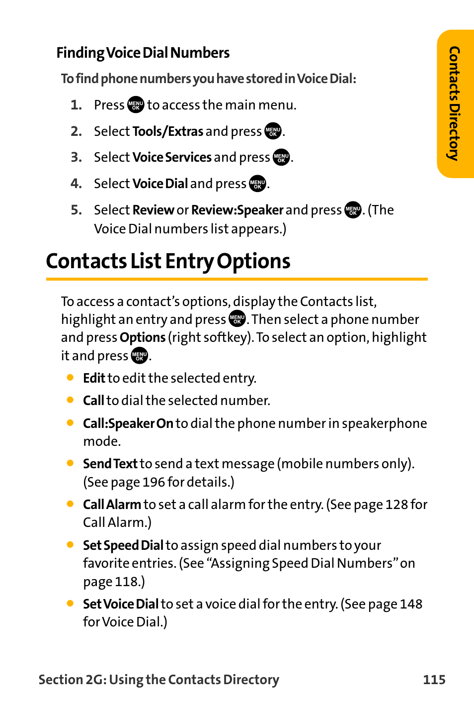 Contacts list entry options, Finding voice dial numbers | Sanyo VL-2300 User Manual | Page 127 / 286