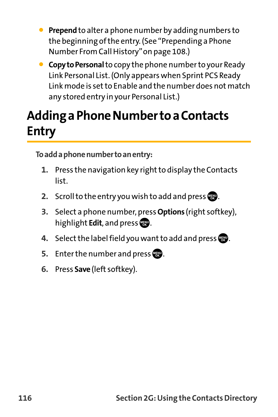 Adding a phone number to a c, Adding a phone number to a contacts entry | Sanyo VL-2300 User Manual | Page 128 / 286