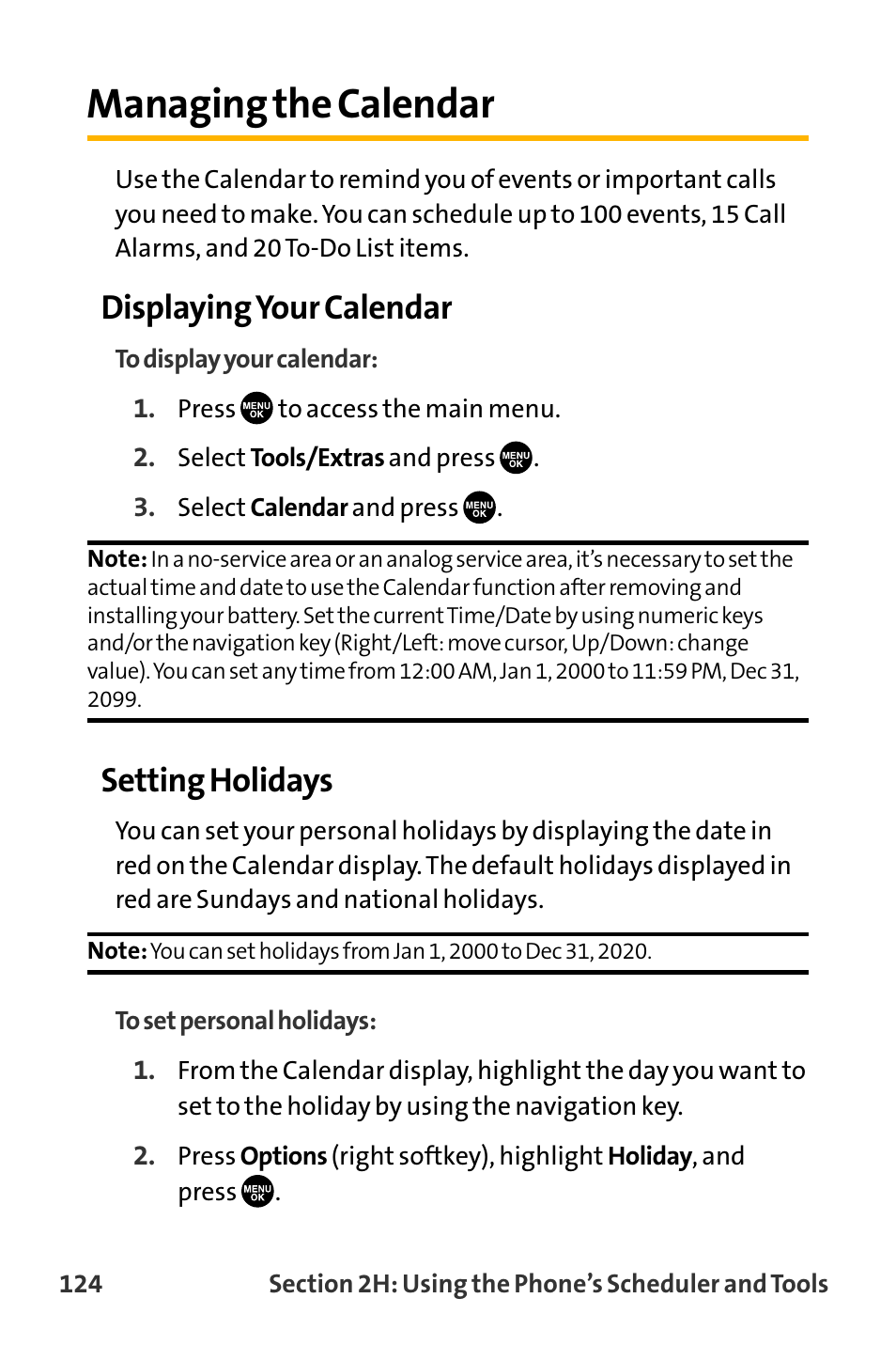 Managing the calendar, Displaying your calendar, Setting holidays | Sanyo VL-2300 User Manual | Page 136 / 286