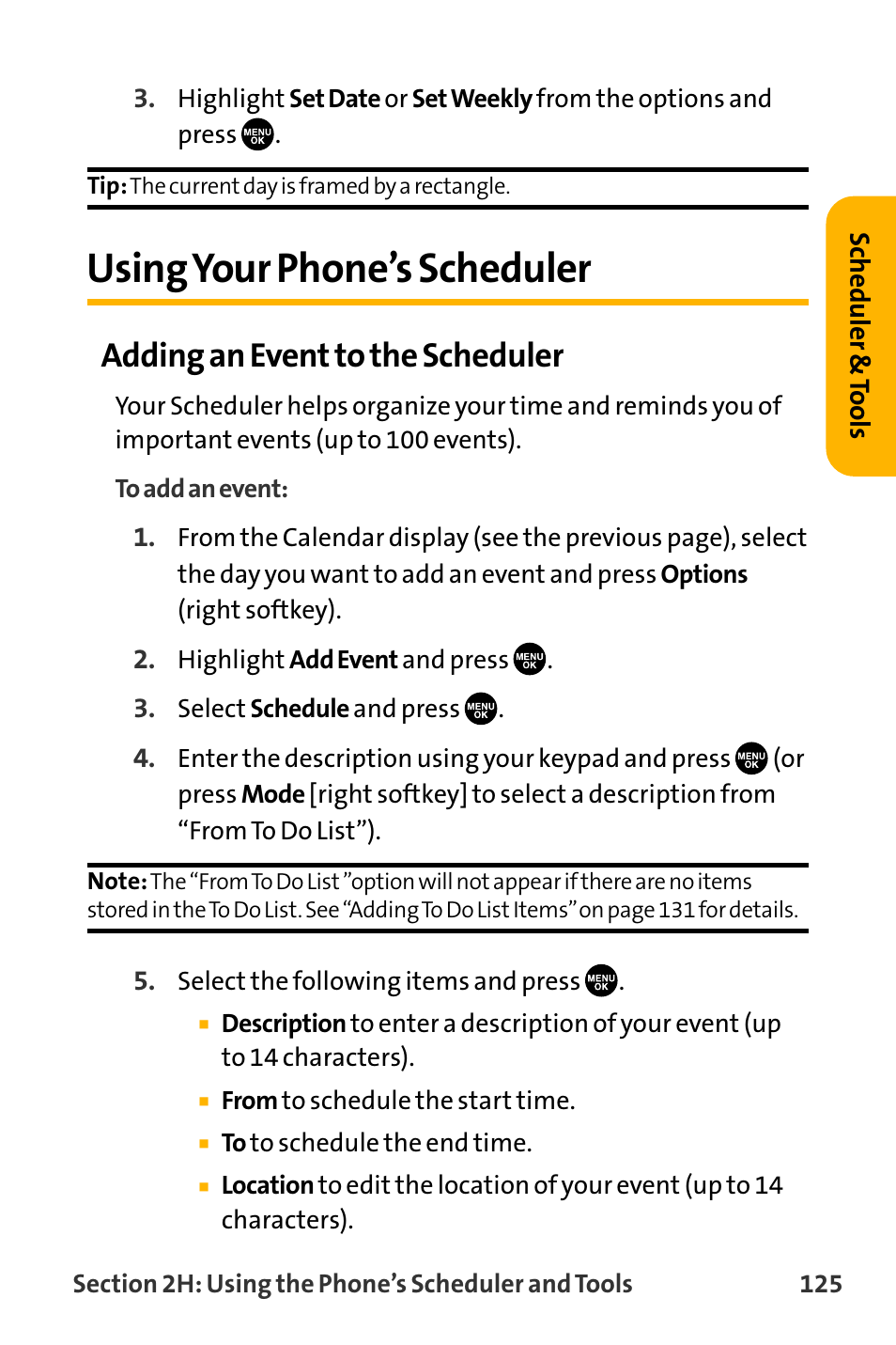 Using your phone’s scheduler, Adding an event to the scheduler | Sanyo VL-2300 User Manual | Page 137 / 286