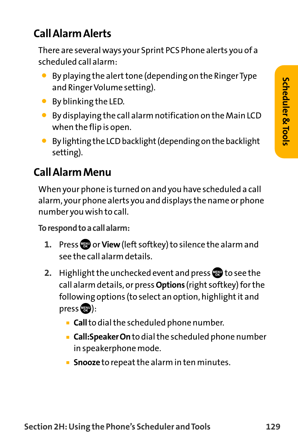 Call alarm alerts, Call alarm menu | Sanyo VL-2300 User Manual | Page 141 / 286