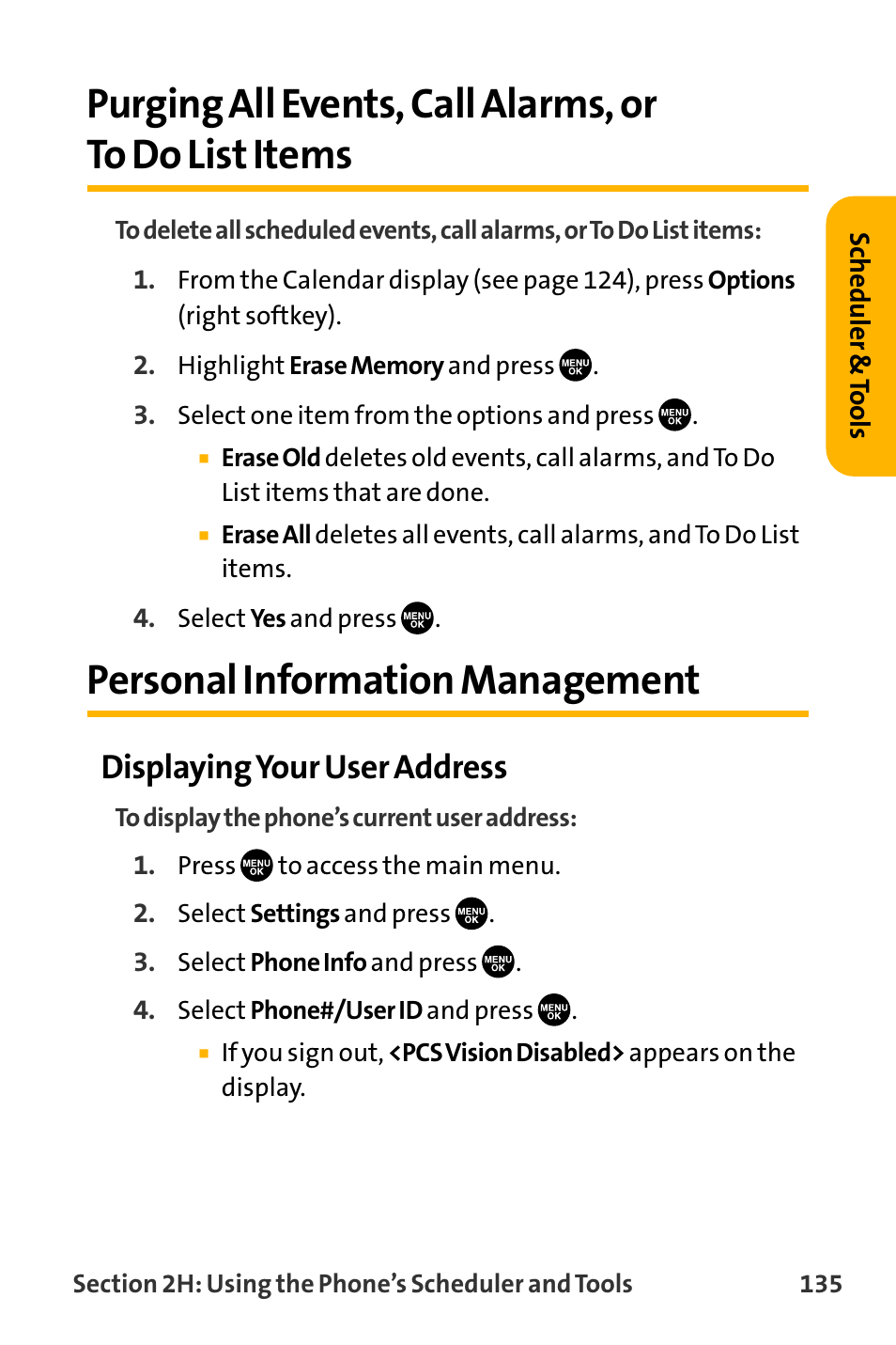 Purging all events, call ala, Personal information management, Displaying your user address | Sanyo VL-2300 User Manual | Page 147 / 286