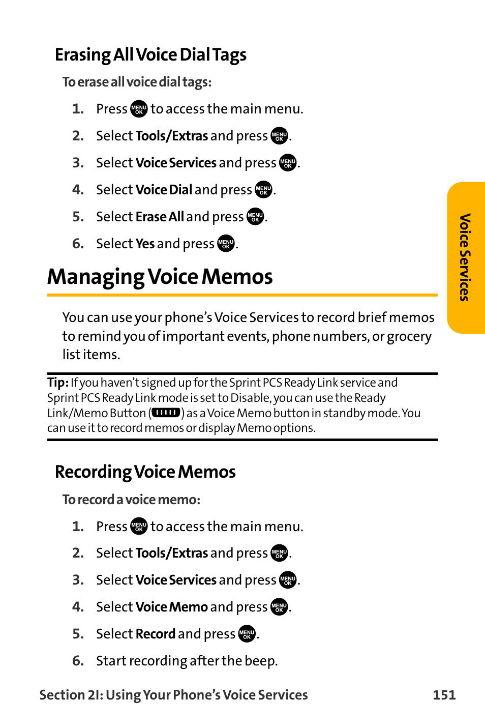 Managing voice memos, Erasing all voice dial tags | Sanyo VL-2300 User Manual | Page 163 / 286