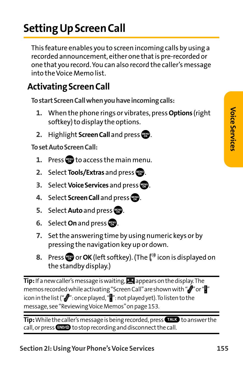 Setting up screen call, Activating screen call | Sanyo VL-2300 User Manual | Page 167 / 286