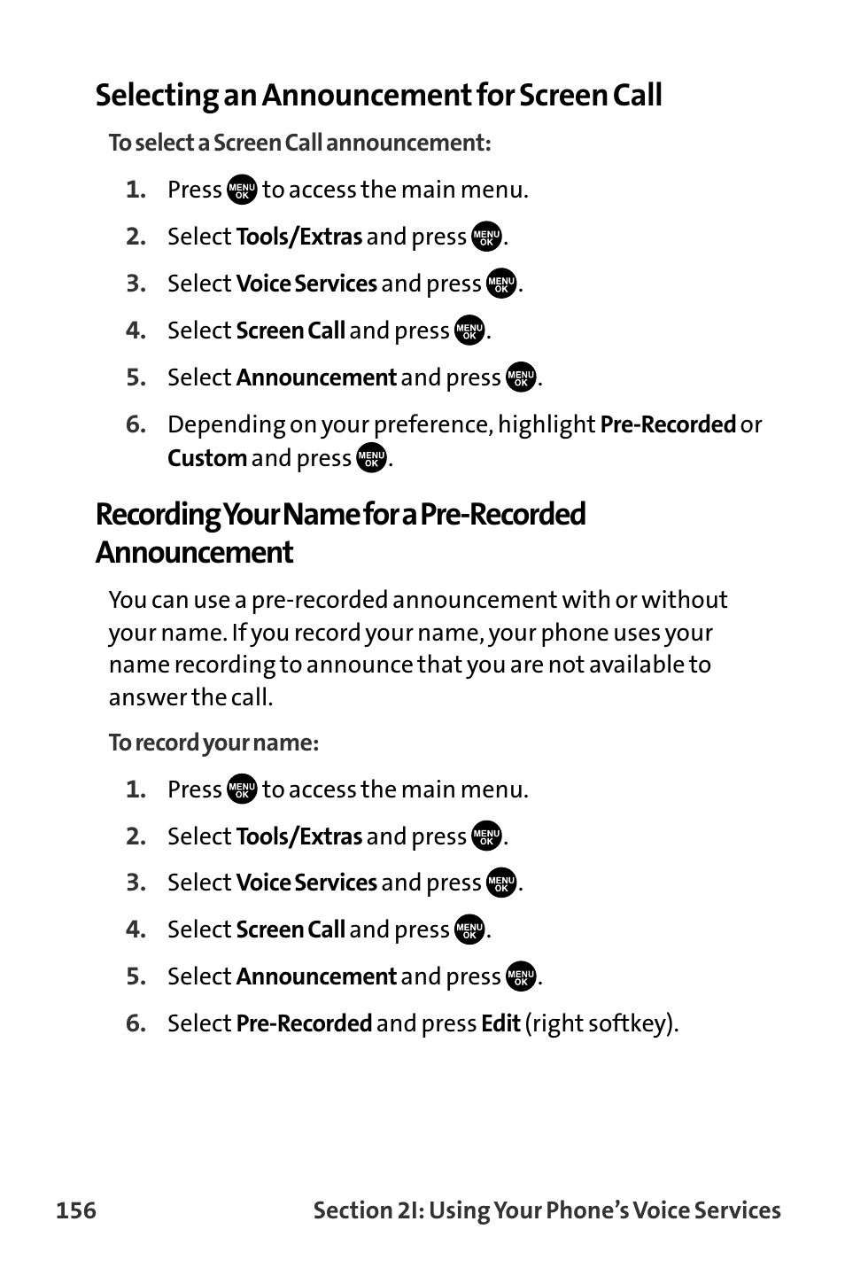 Selecting an announcement for screen call, Recording your namefor a pre-recorded announcement | Sanyo VL-2300 User Manual | Page 168 / 286