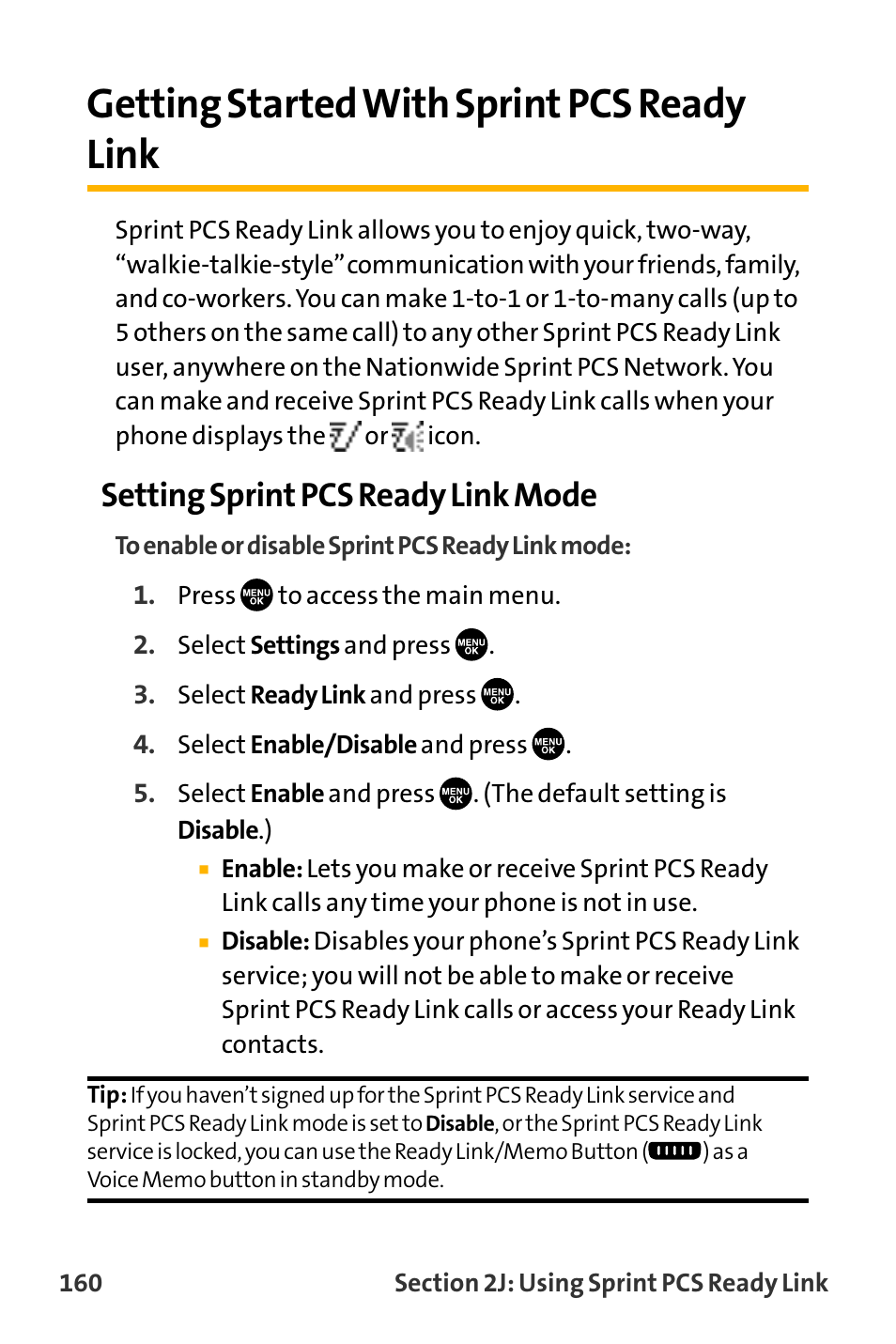 Getting started with sprint, Getting started with sprint pcs ready link, Setting sprint pcs ready link mode | Sanyo VL-2300 User Manual | Page 172 / 286
