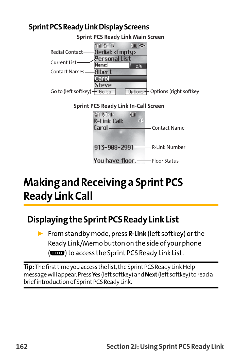 Making and receiving a sprin, Making and receiving a sprint pcs ready link call, Displaying the sprint pcs ready link list | Sprint pcs ready link display screens | Sanyo VL-2300 User Manual | Page 174 / 286