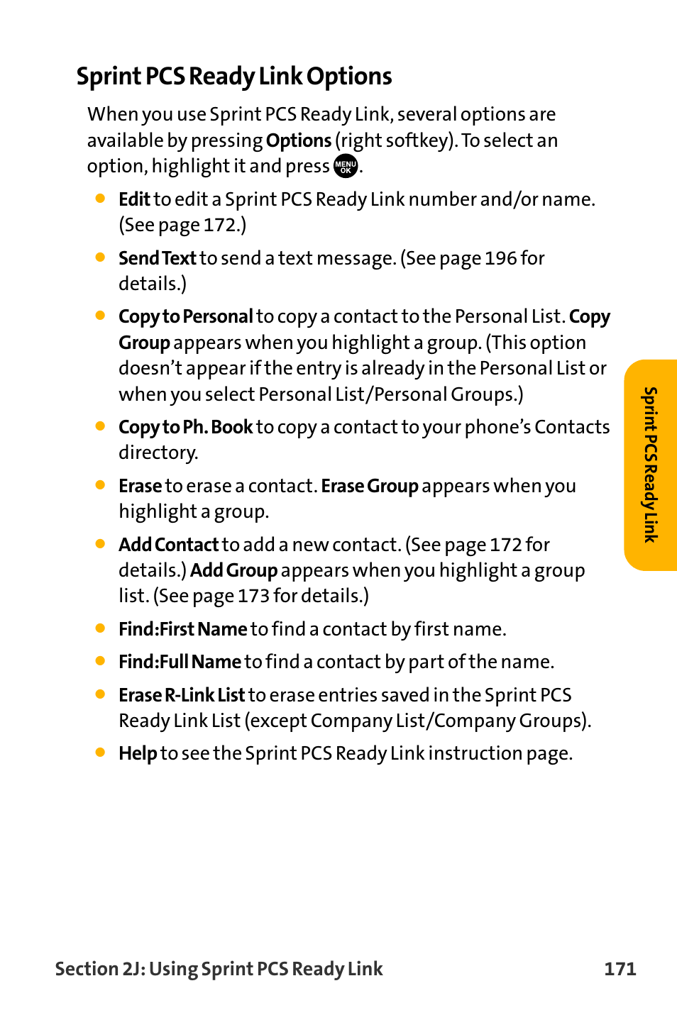 Sprint pcs ready link options, Find:first name to find a contact by first name | Sanyo VL-2300 User Manual | Page 183 / 286