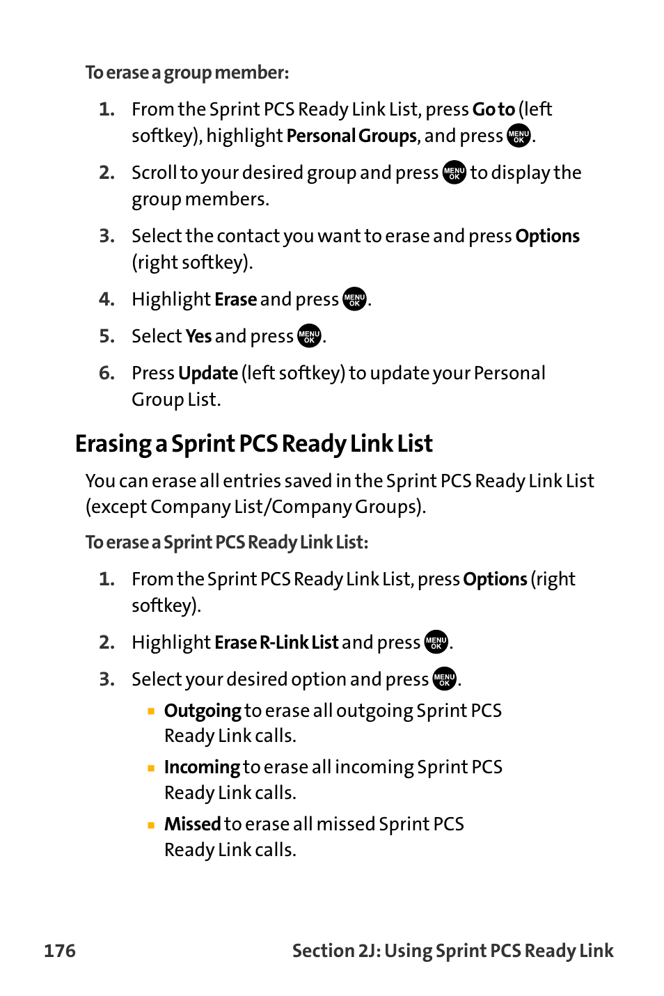 Erasing a sprint pcs ready link list | Sanyo VL-2300 User Manual | Page 188 / 286