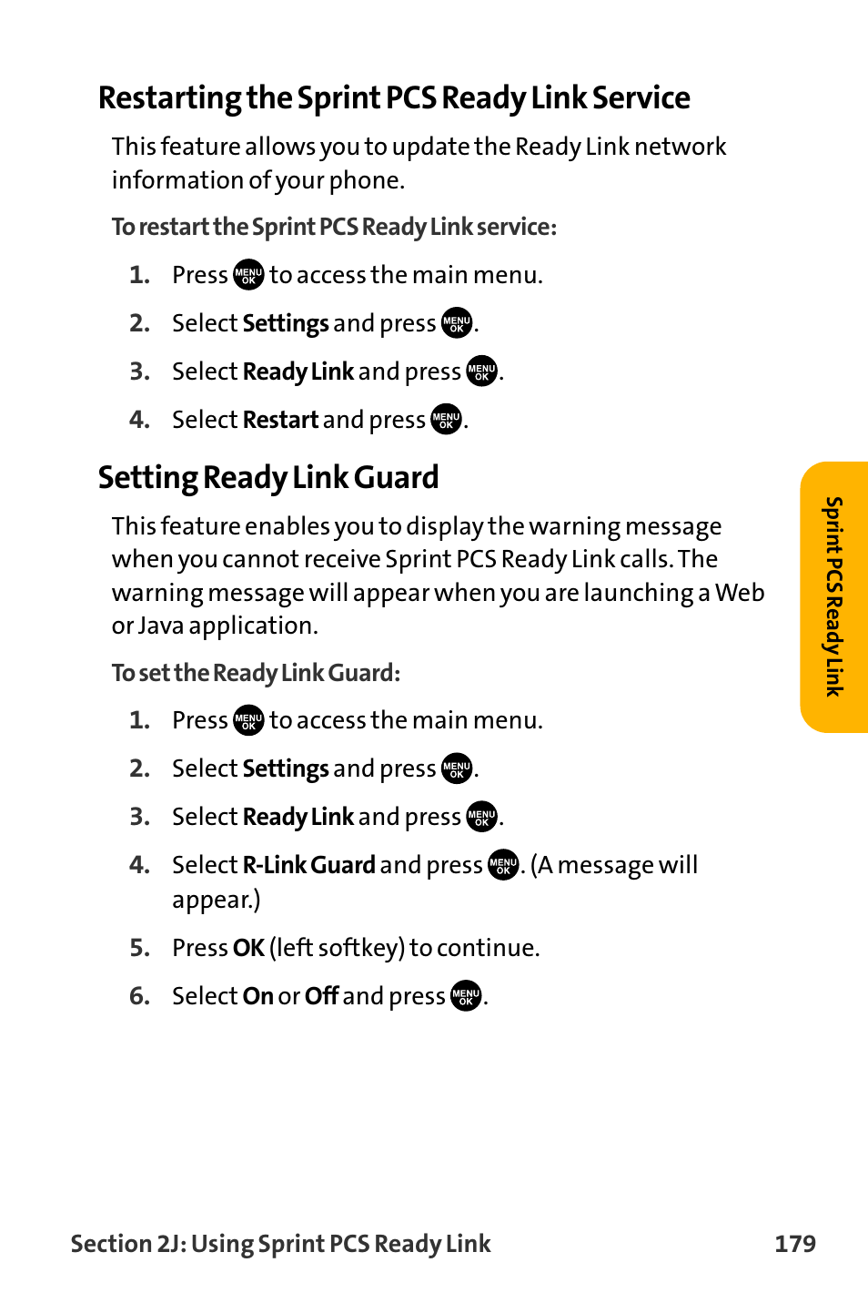 Restarting the sprint pcs ready link service, Setting ready link guard | Sanyo VL-2300 User Manual | Page 191 / 286