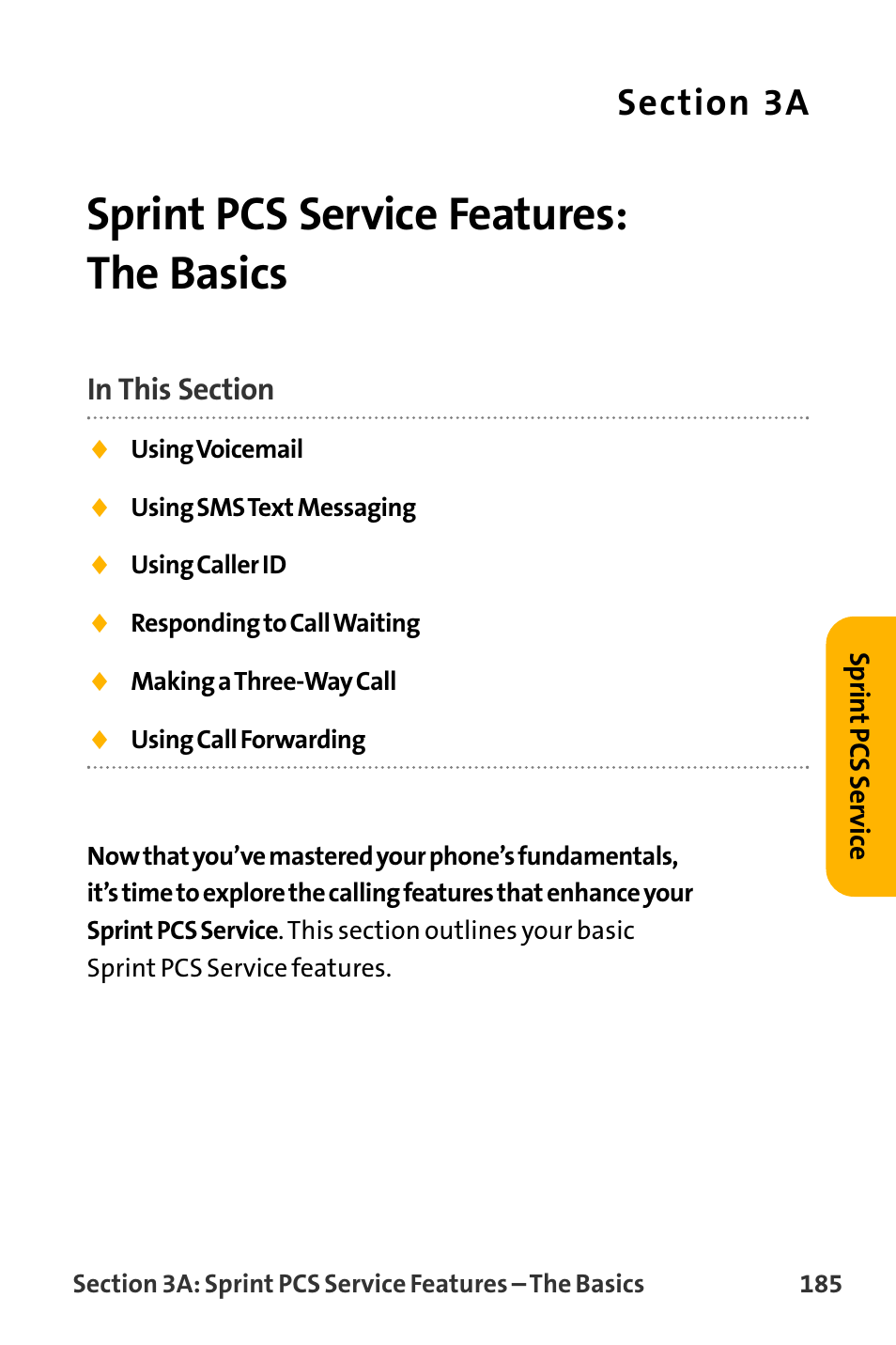 Sprint pcs service features, Sprint pcs service features: the basics | Sanyo VL-2300 User Manual | Page 197 / 286