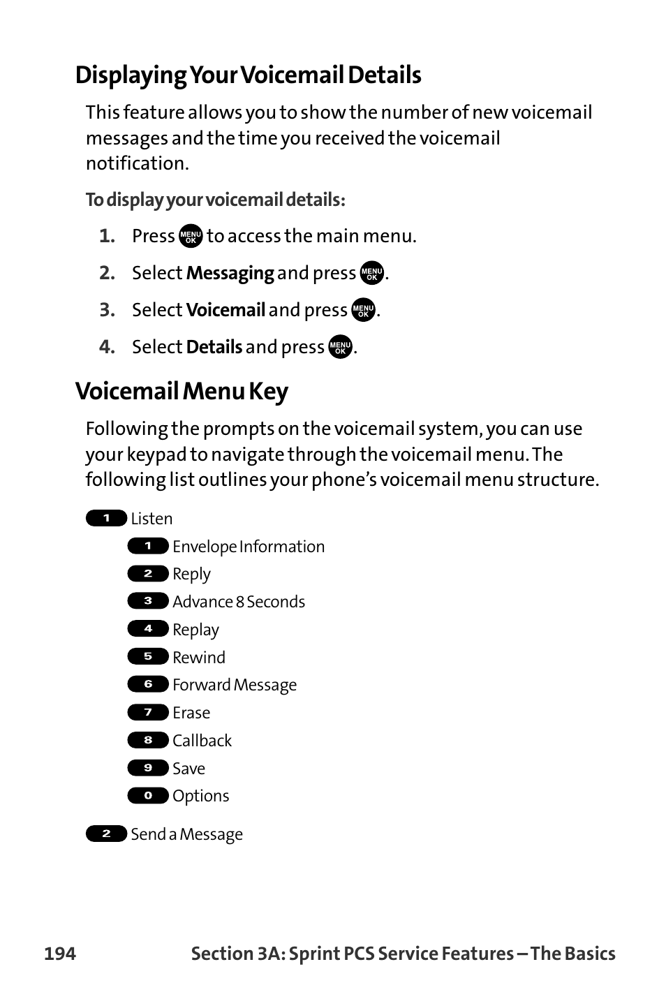 Displaying your voicemail details, Voicemail menu key | Sanyo VL-2300 User Manual | Page 206 / 286
