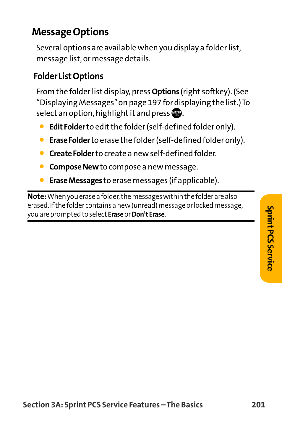 Message options, Folder list options, Sprin t pcs ser vice | Sanyo VL-2300 User Manual | Page 213 / 286