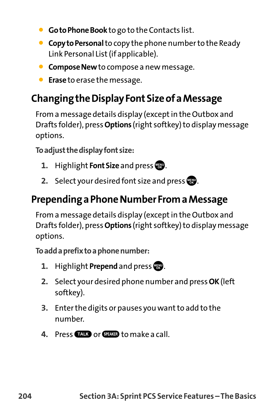 Changing the display font size of a message, Prepending a phone number from a message | Sanyo VL-2300 User Manual | Page 216 / 286