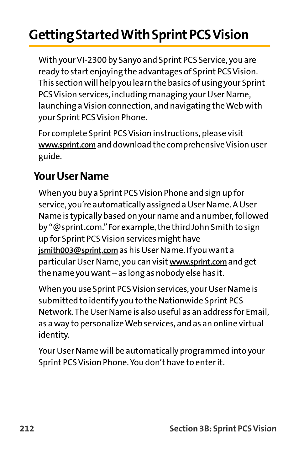 Getting started with sprint, Getting started with sprint pcs vision, Your user name | Sanyo VL-2300 User Manual | Page 224 / 286
