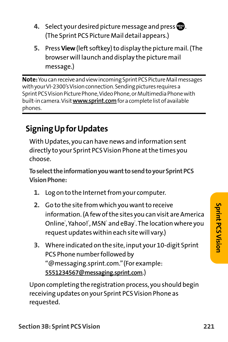 Signing up for updates, Sprin t pcs v ision | Sanyo VL-2300 User Manual | Page 233 / 286