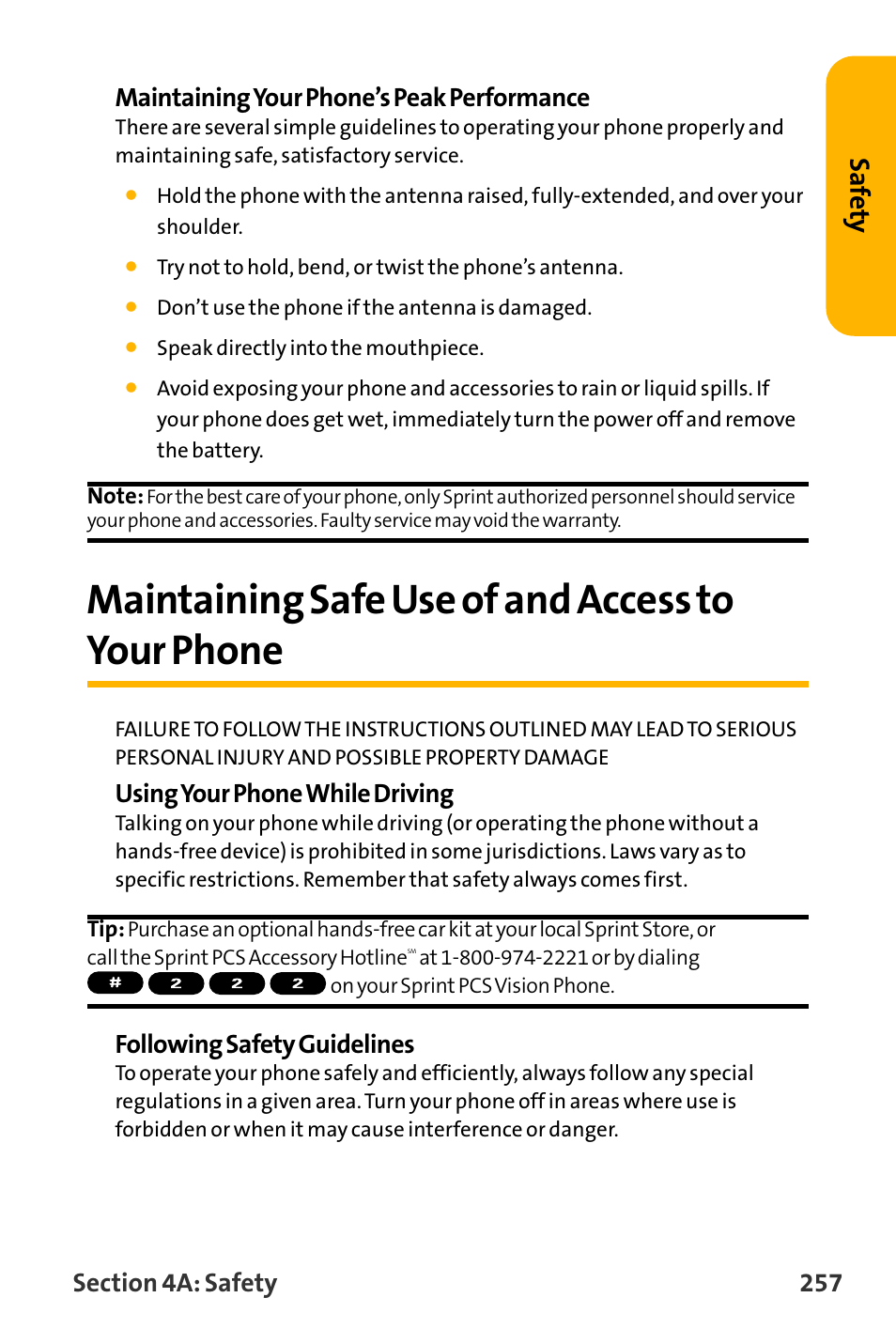 Maintaining safe use of and, Maintaining safe use of and access to your phone, Saf ety | Using your phone while driving, Following safety guidelines | Sanyo VL-2300 User Manual | Page 269 / 286