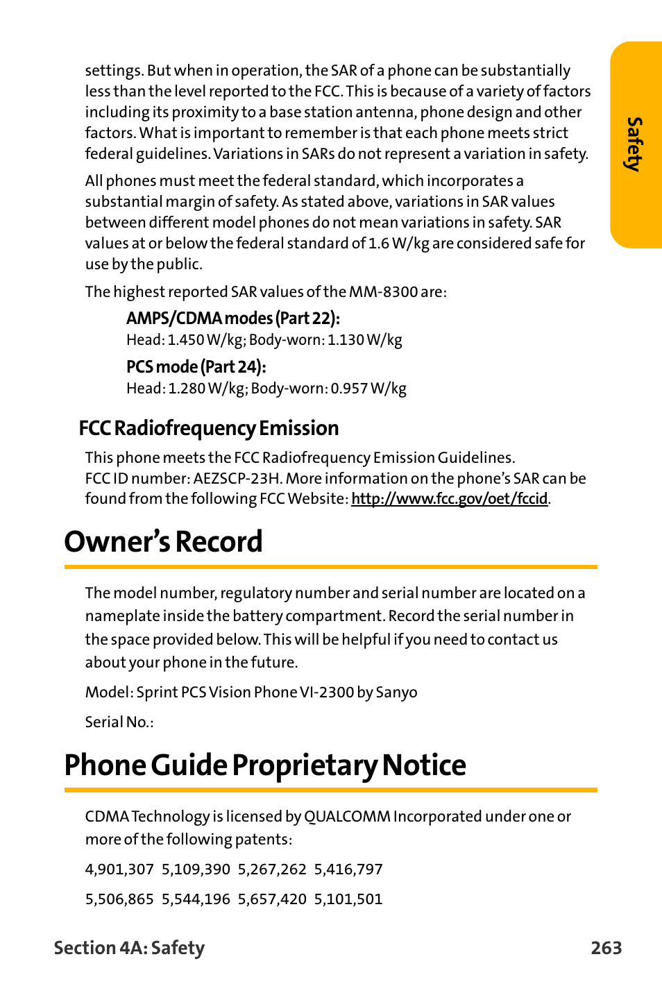Owner’s record, Phone guide proprietary notice, Fcc radiofrequency emission | Sanyo VL-2300 User Manual | Page 275 / 286
