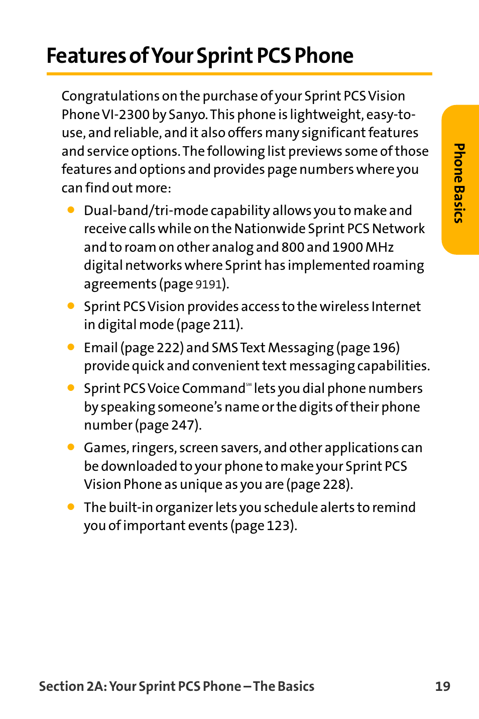 Features of your sprint pcs, Features of your sprint pcs phone, Phone basics | Sanyo VL-2300 User Manual | Page 31 / 286