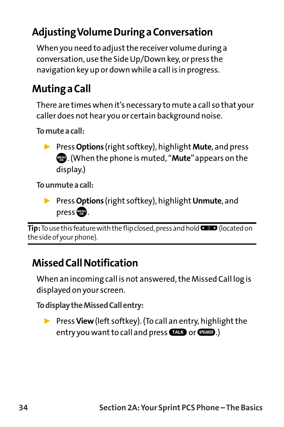 Adjusting volume during a conversation, Muting a call, Missed call notification | Sanyo VL-2300 User Manual | Page 46 / 286