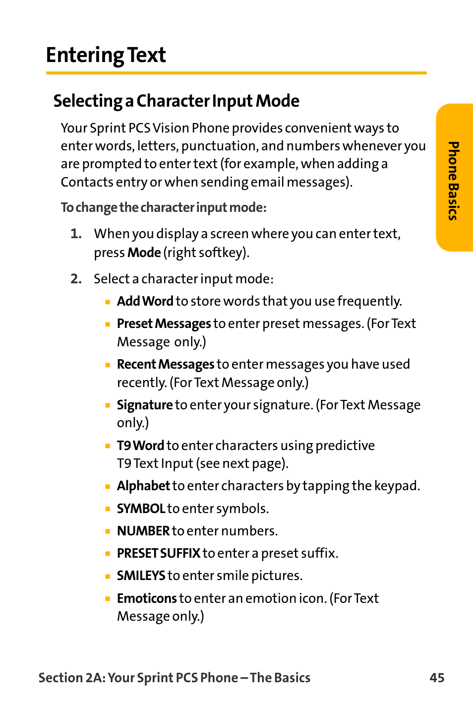 Entering text, Selecting a character input mode, Phone basics | Sanyo VL-2300 User Manual | Page 57 / 286