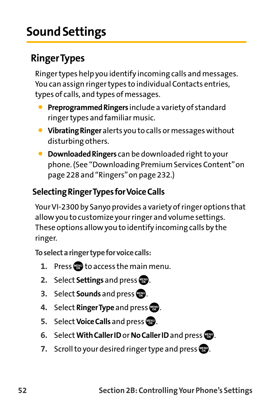 Sound settings, Ringer types | Sanyo VL-2300 User Manual | Page 64 / 286